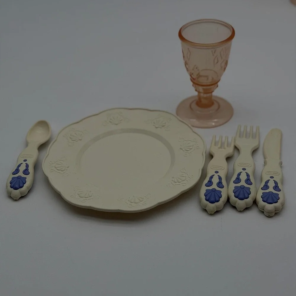 Vintage Little Tikes Toy Dish Set Plates Goblets Utensils Cream Blue Pink 17pc